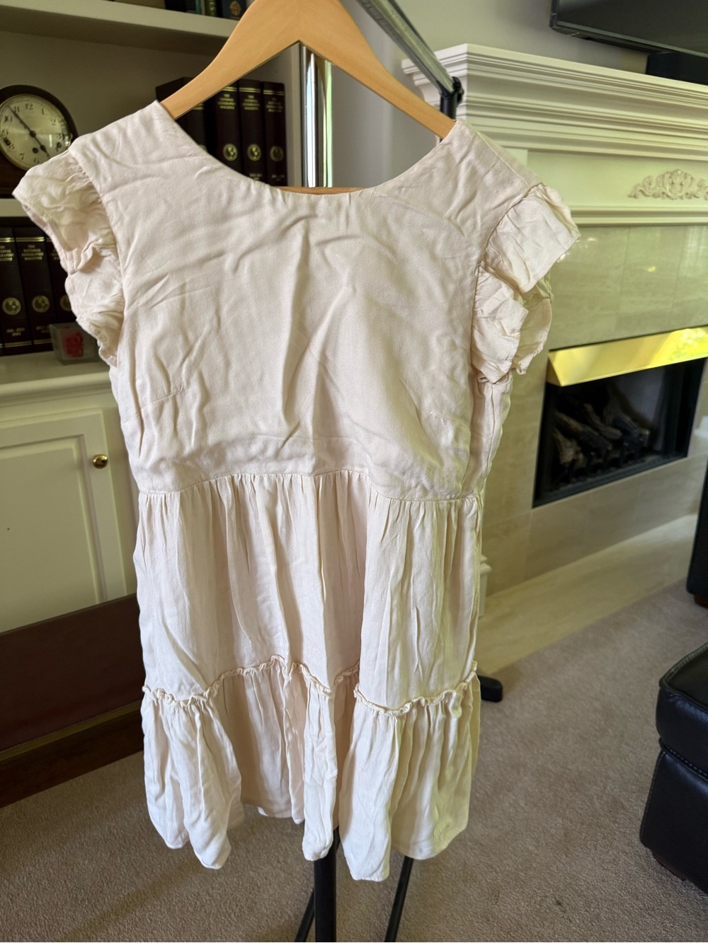 Gilli beige tiered mini dress with ruffle cap sleeves